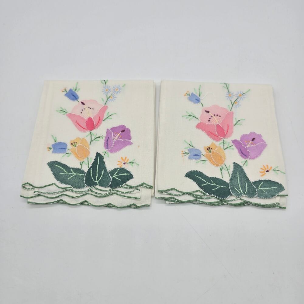 Vtg Hand-Appliquéd and Embroidered Cotton Guest Tea Towels Retro Shabby Chic